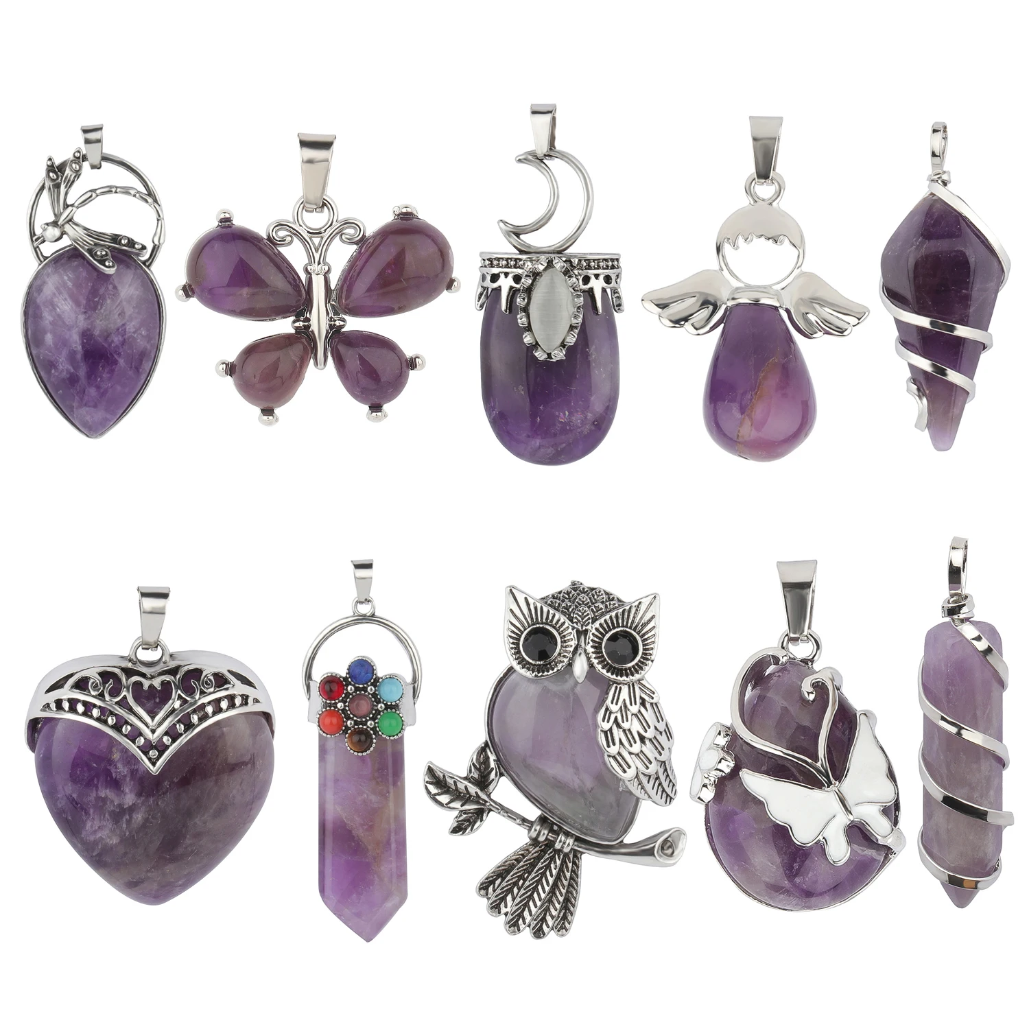 10 Types Amethyst Natural Stone Pendant With Chain Display Box Heart Column Waterdrop Shape Pendant fit for Jewelry DIY Necklace