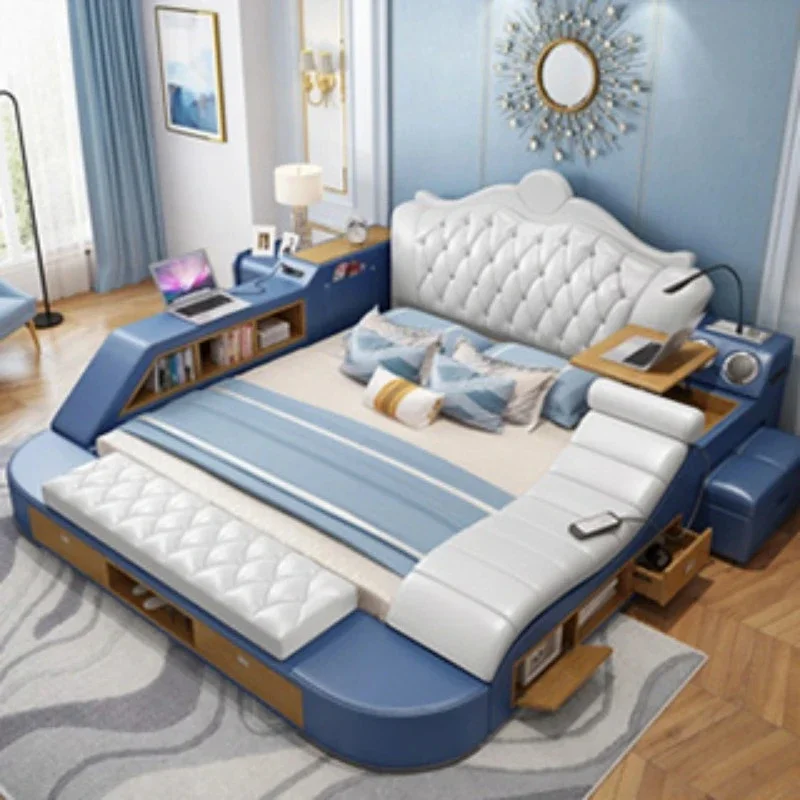 تخزين سرير مزدوج بحجم كوين فريد من نوعه من Nordic Master Princess إطار سرير مزدوج فاخر من الجلد الطبيعي أثاث غرفة Deux Place #5