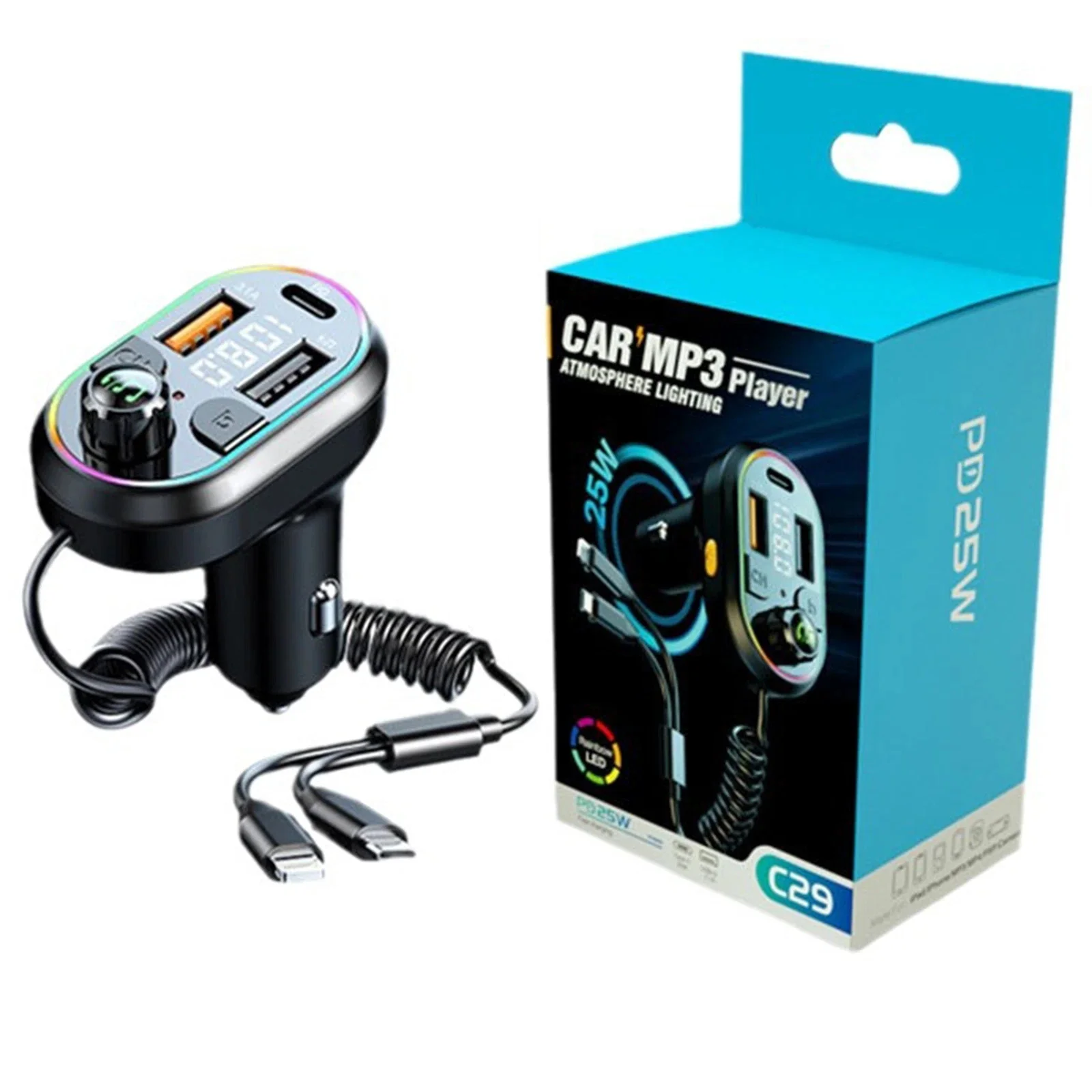 سيارة شحن سريع بلوتوث 5.0 FM الارسال استقبال الصوت اللاسلكي سيارة مشغل MP3 25 واط PD نوع-C ميناء كابل شحن #1