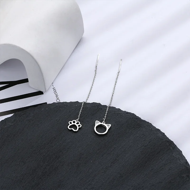 New Cute Hollow Cat Drop Earrings For Women Cat Paw Asymmetry Tassel Long Earline Korean Fashion Silver Color Ear Jewelry
