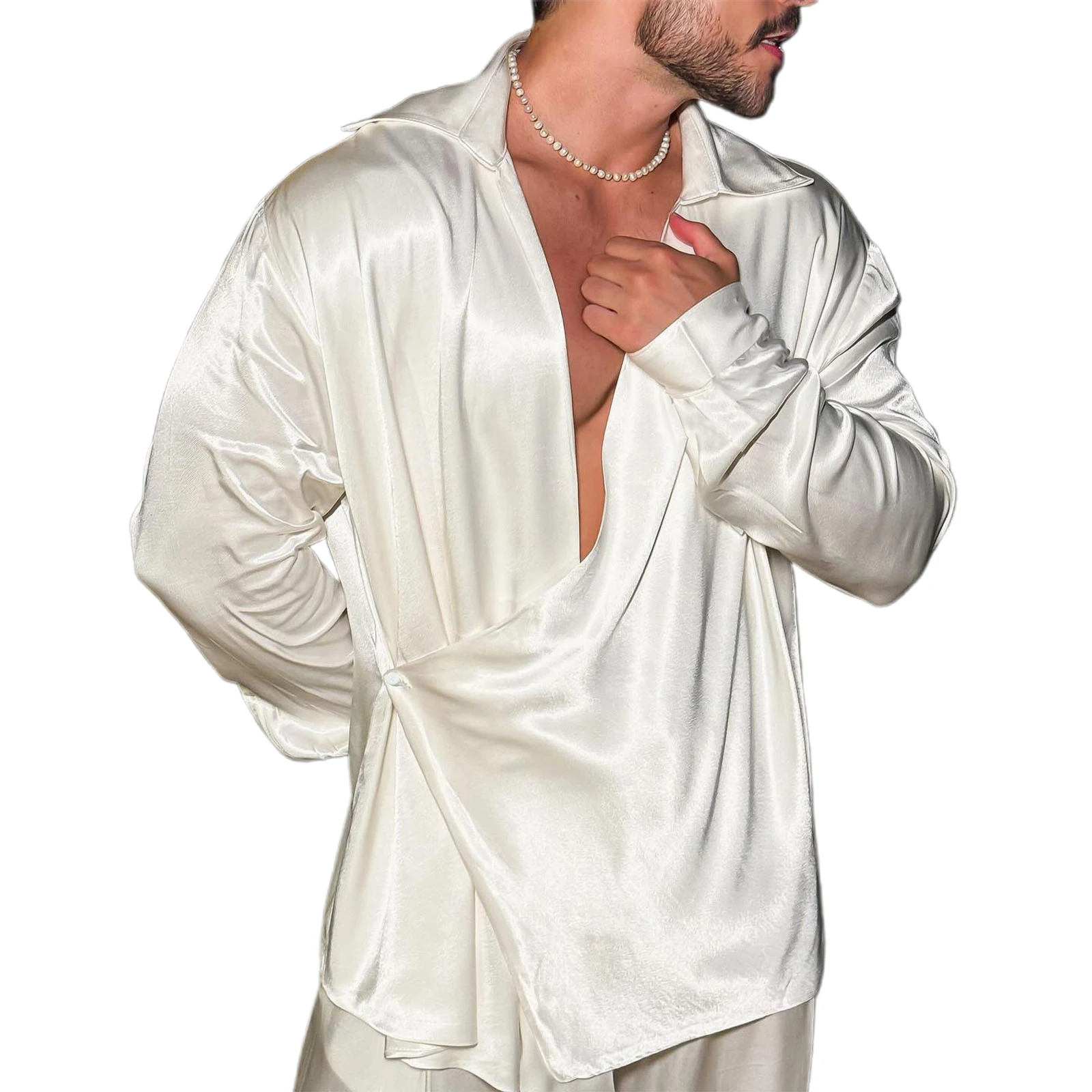 Camisa de satén brillante de otoño para hombre, Tops holgados de manga larga con solapa y cuello en V de Color sólido
