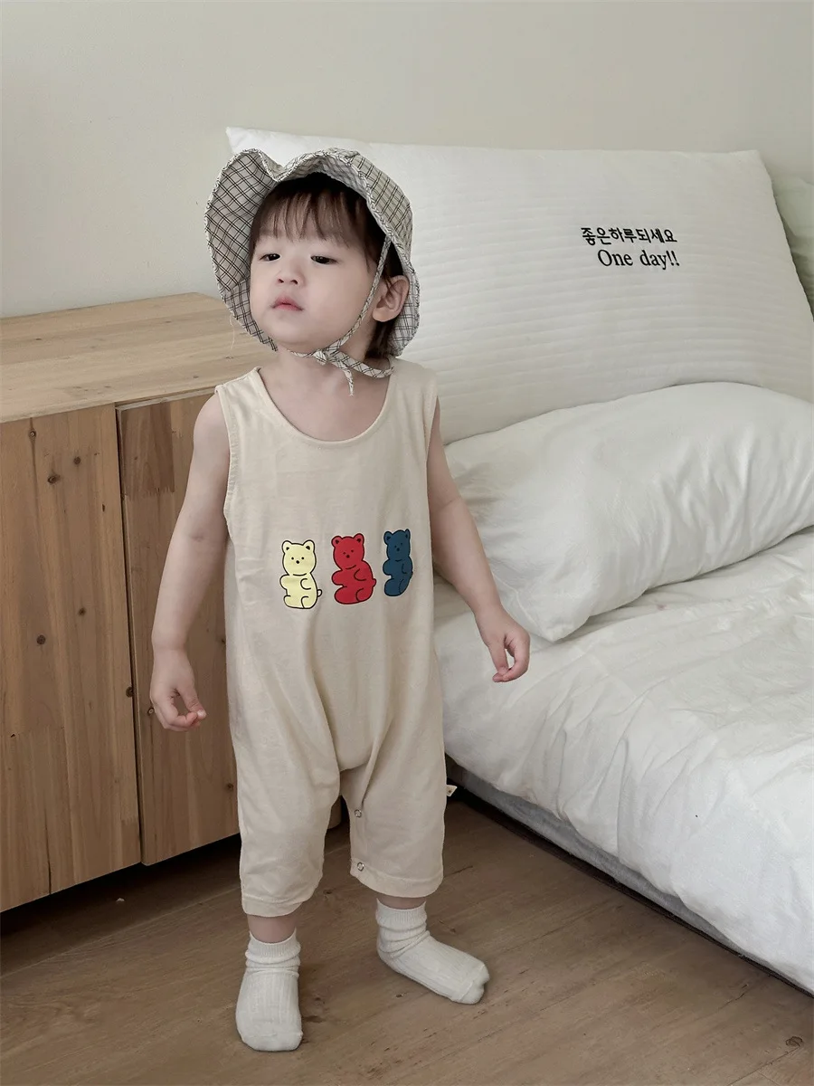 2025 Summer New Baby Sleeveless Romper Cute Bear Print Boy Girl Newborn Breathable Jumpsuit Infant Toddler Cotton Thin Clothes