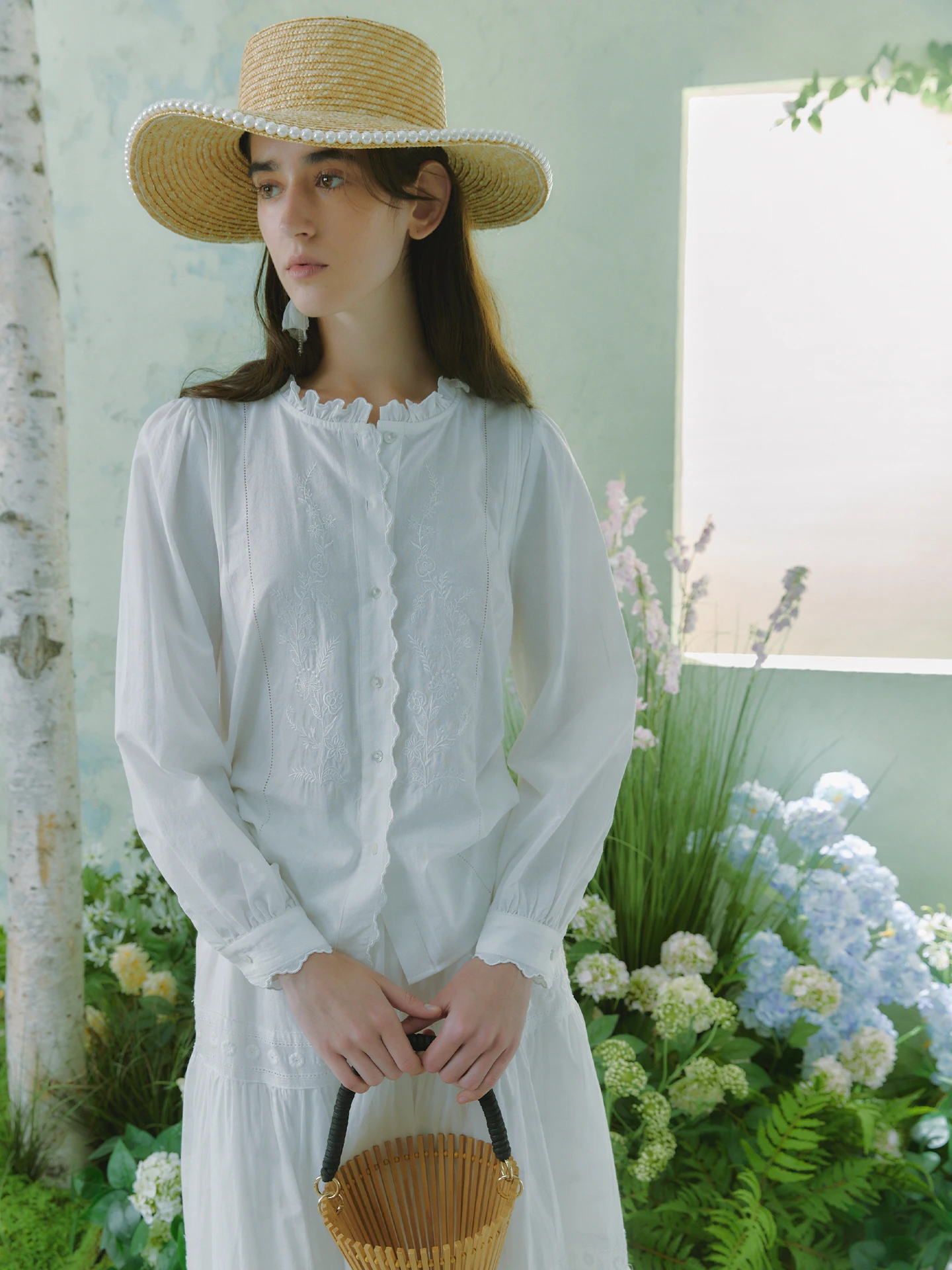 

Женская белая рубашка Oz из чистого хлопка с вышивкой и воротником-стойкой, весенняя, дышащая, комфортная, с длинным рукавом