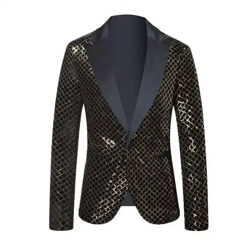 

Nightclub Men's Clothing Long Sleeve Sequined Blazer Jacket Single Button Solid Color