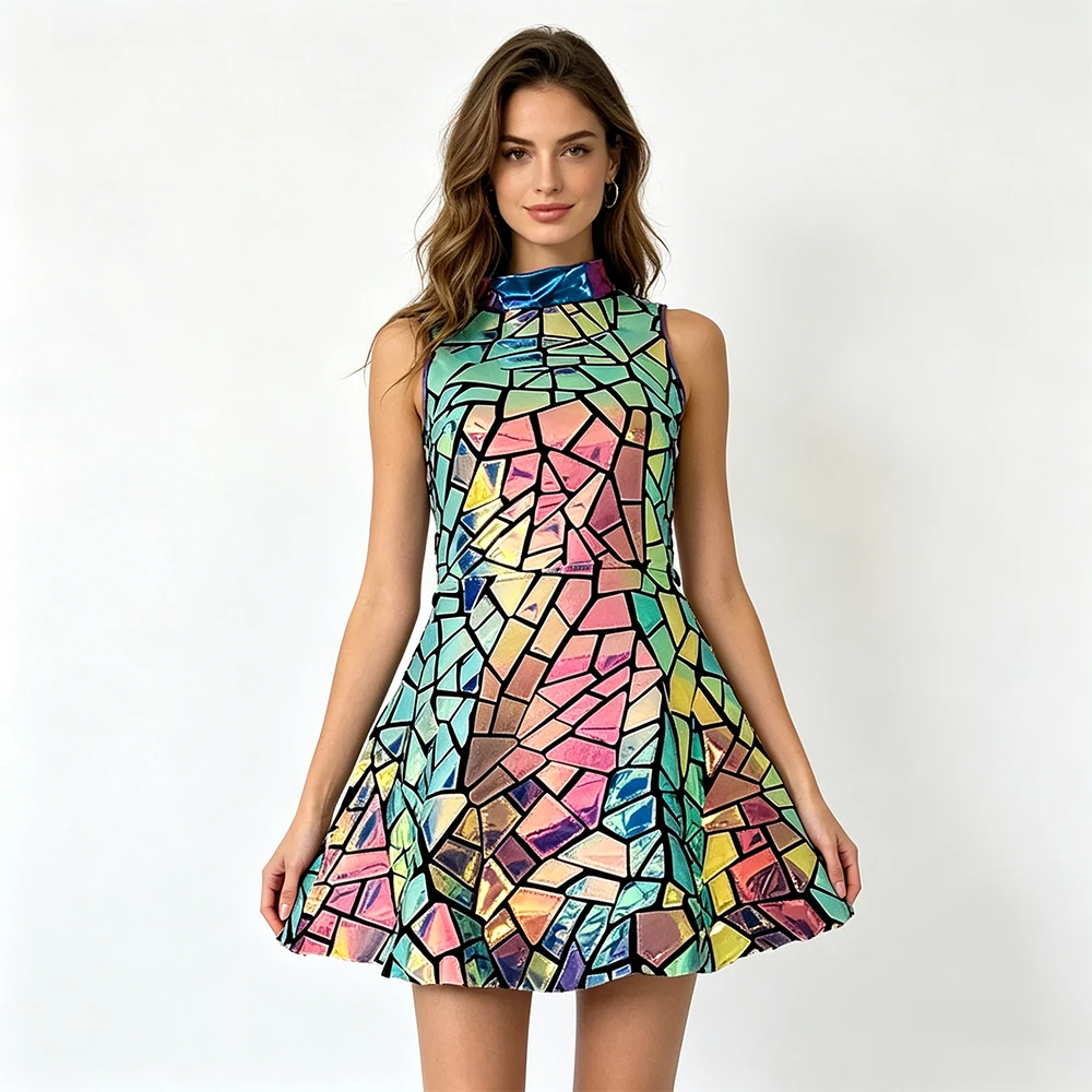 Women's Laser Pink Reflective Dress Sleeveless High Neck A-Line Skirt Shiny Stage Outfit for Dancer Singer Performance Show