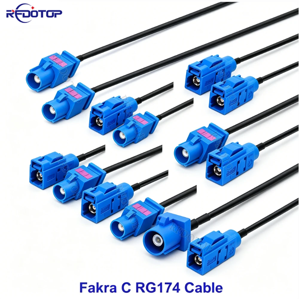 Cabo Coaxial RF Pigtail Fakra C RG174 Azul RAL5005 Macho para Fêmea para Extensão de Antena GPS e Navegação Telemática Automotiva