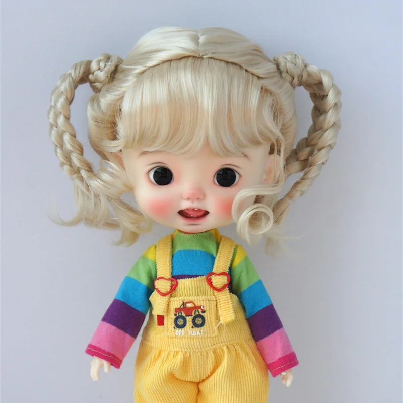 JD617  9-10inch 10-11inch  Full bangs with Double Braids pony Synthetic mohair BJD  wigs  Nero Blythes QBaby  doll accessories