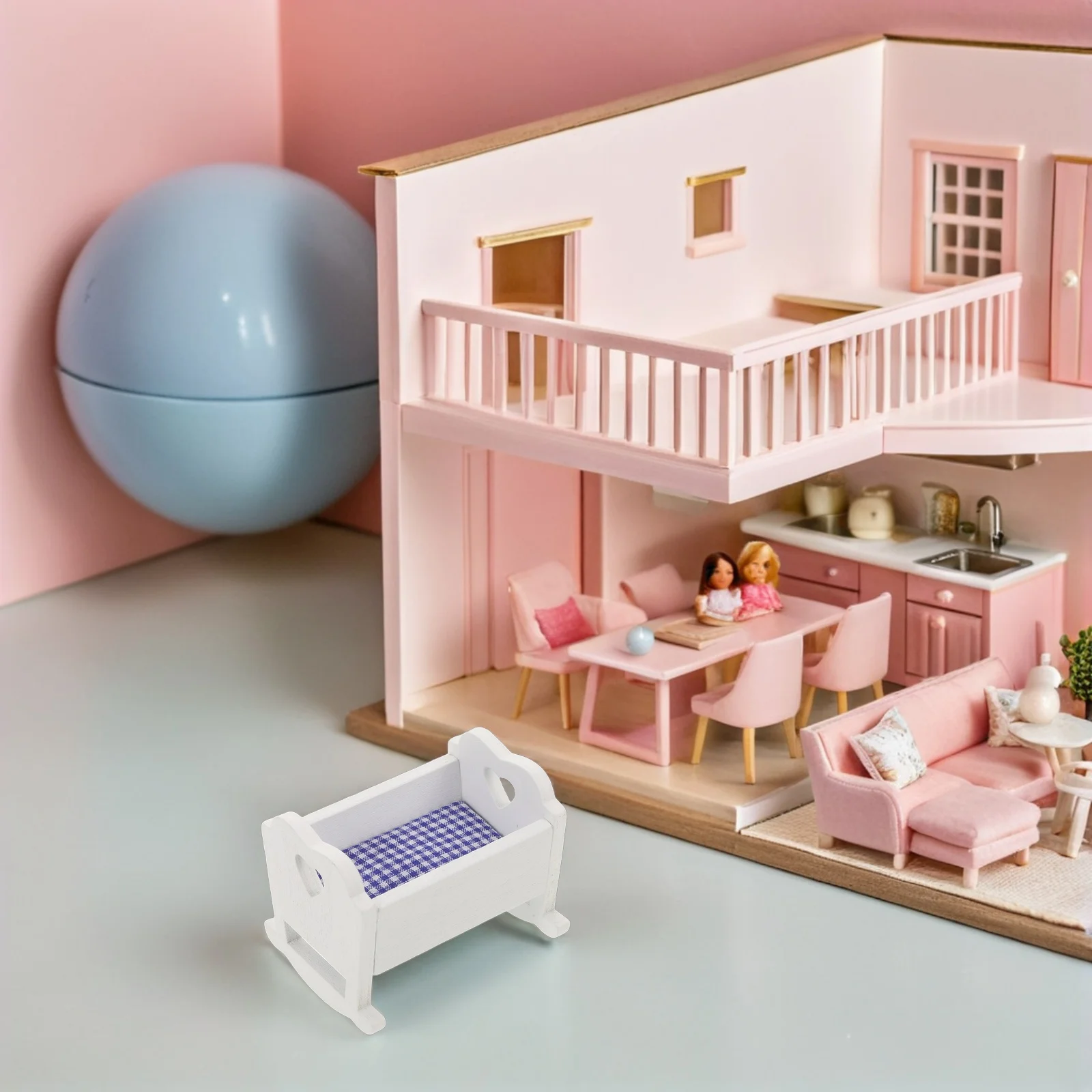 3Pcs Miniature Furniture Ornament 1:12 Scale Crib Baby Bed Set for Nursery Room Dollhouse Bedroom Decor Dollhouse Bed