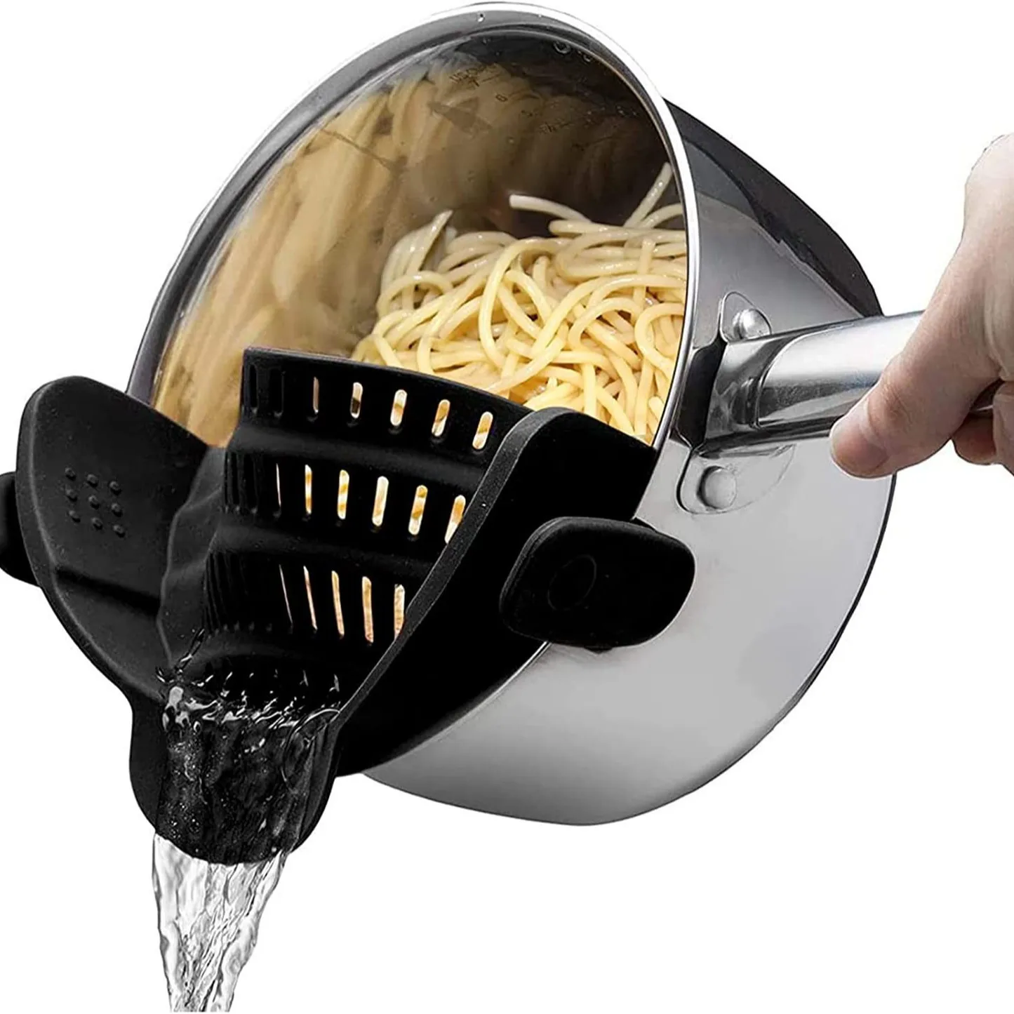 

1 adjustable silicone clip-on filter, suitable for POTS, pans and bowls, handheld drain and for noodles and pasta in the kitchen