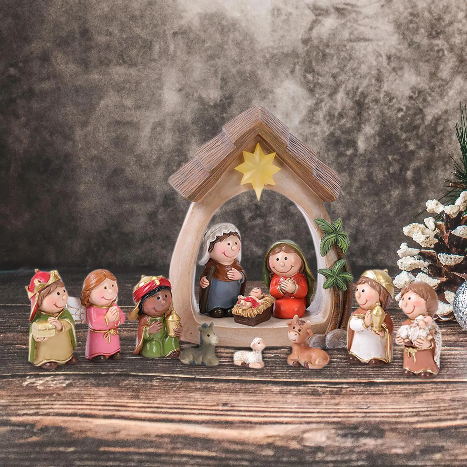 12Pcs Christmas Nativity Figurines with Light Resin Holy Family Birth of Jesus for Christmas Tabletop Church Shelf Chapel