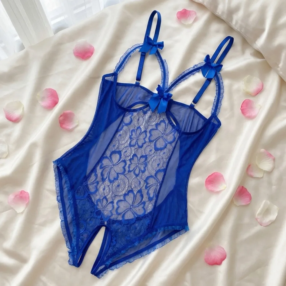 Fashion Deep V Lace Bow Bodysuit Mesh Hollow Transparent Lace Sling Nightwear Open Crotch Backless Sleeveless Jumpsuits Gifts