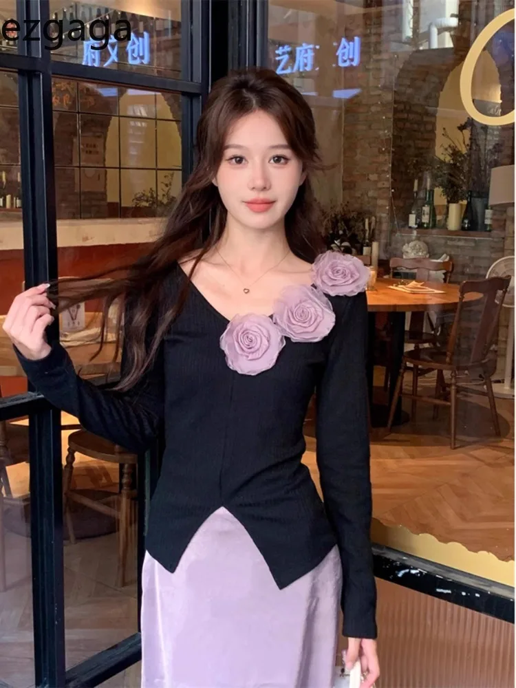 Ezgaga Knitted Tops Women Rose Flowers V Neck Long Sleeve Basic Split Autumn New Fashion Sweater Pullover Female Casual