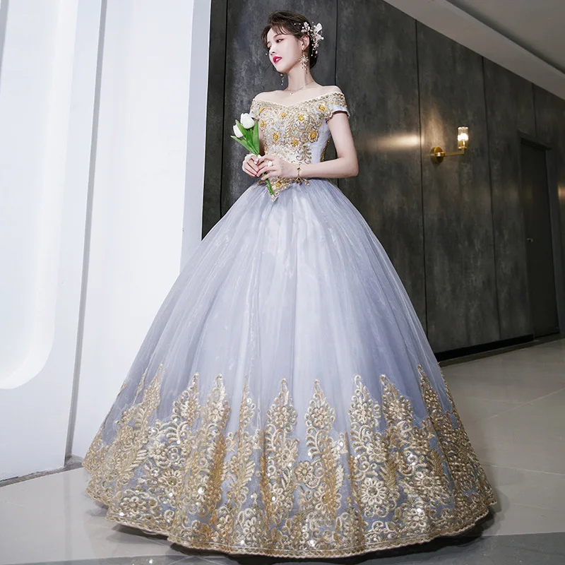 2026 Neues Hochzeitskleid, buntes Garn, schöne Stimme, Kunstprüfungsgastgeber, Solo-Performance-Kleid, Puffrock, langes Abendkleid