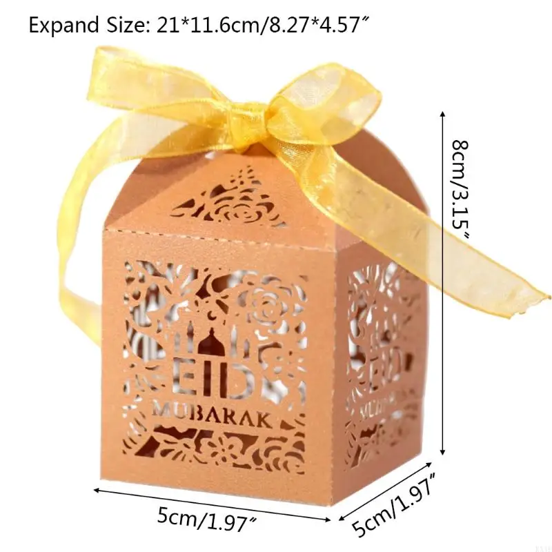 KX4B 100pcs Eid Mubarak Candy Box Hollow Rose Ramadan Kareem Gift Boxes Islamic Muslim Festival Happy Al-Fitr Eid Event Party