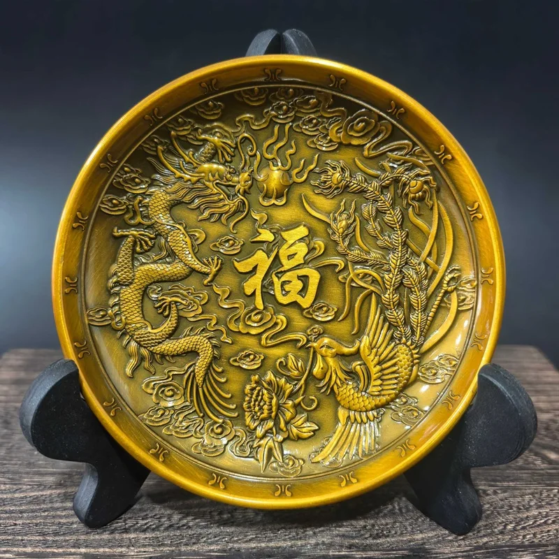 Antique-style dragon phoenix plate with embossed 