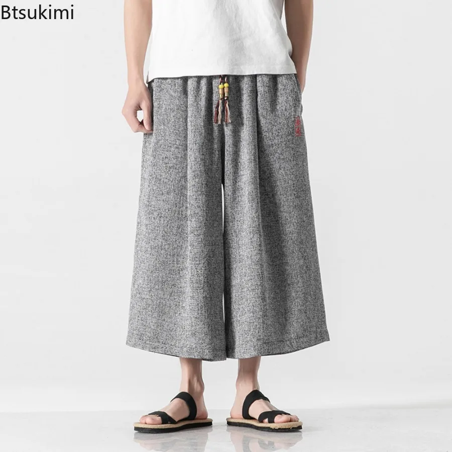 Summer Chinese Style Wide Leg Pants Men's Bath Pant Samurai Harajuku Casual Loose Capri Pants Yukata Wide Leg Trousers for Men