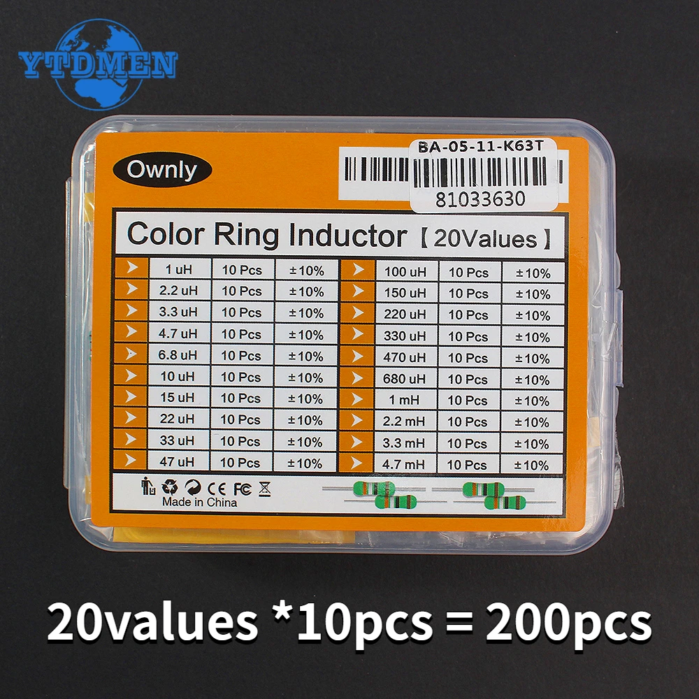 200PCS/Box 1uH~4.7mH 20Values 1/2W Color Ring Inductor Set, 0.5 Watt Power Inductor Assortment Kit for diy electronic