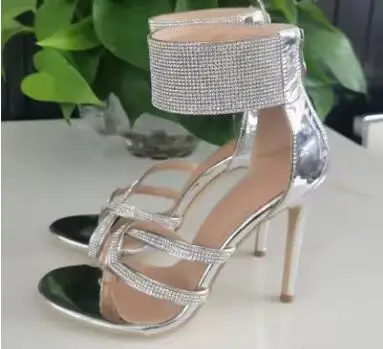 Bling Sliver Crystal Rhinestone Clip Toe Ankle Wrap High Heel Sandals Cross Strap Cover Heel Zipper Back Party Dress Shoes Women