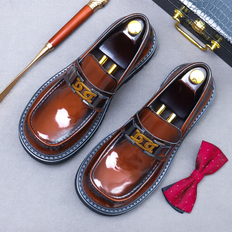 Men's Genuine Leather Height Increasing Loafers Summer Bright Finish British Style Thick Sole Business Casual Dress Shoes