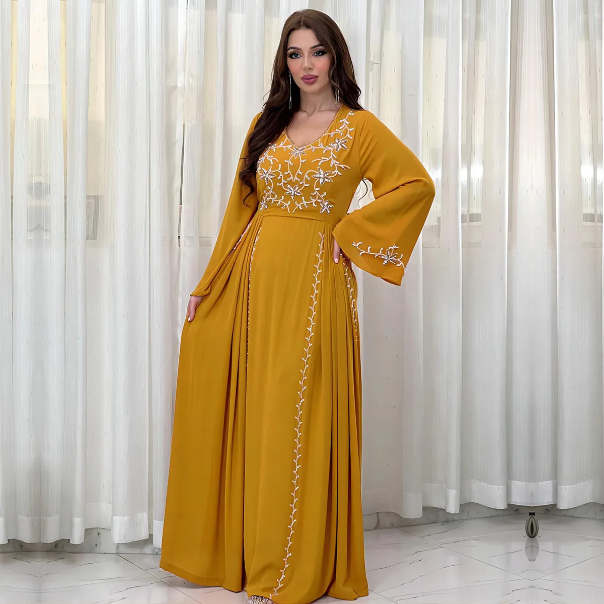 Dubai Arab Fashion Evening Party Elegant Embroidery Sequins Long Sleeve O-Neck Gown with Sashes Turkish Women Caftan Dropshiping