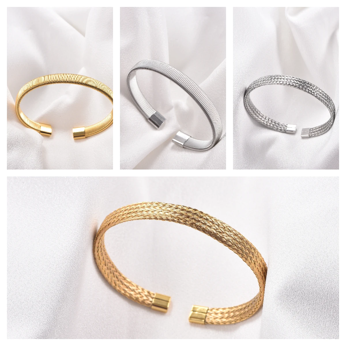 Verstellbares offenes Manschetten-Mesh-Armband, vergoldeter/versilberter Edelstahl, geflochtener Armreif, minimalistischer Fischgrät-Schmuck, Geschenk – Detail 2