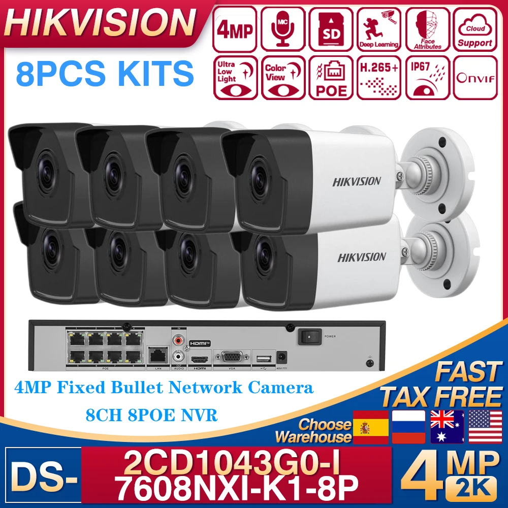 8PCS Hikvision 4MP DS-2CD1043G0-I Mini Bullet Camera 8CH 8POE DS-7608NXI-K1-8P NVR CCTV Night Vision 30m Smart H.265+ IP67 Kits