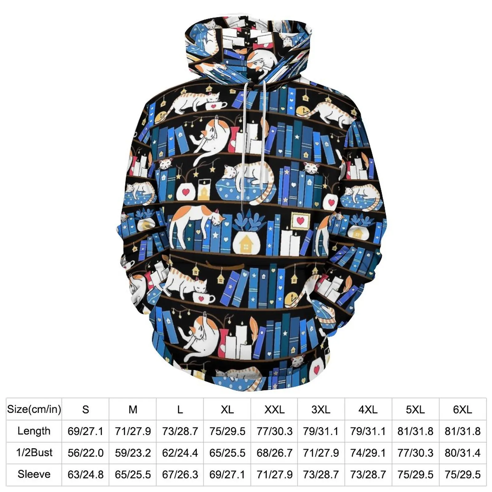 Blue Library Cat Casual Hoodies  Aesthetic Printed Loose Hoodie Autumn Long-Sleeve Korean Fashion Oversize Hooded Sweatshirts