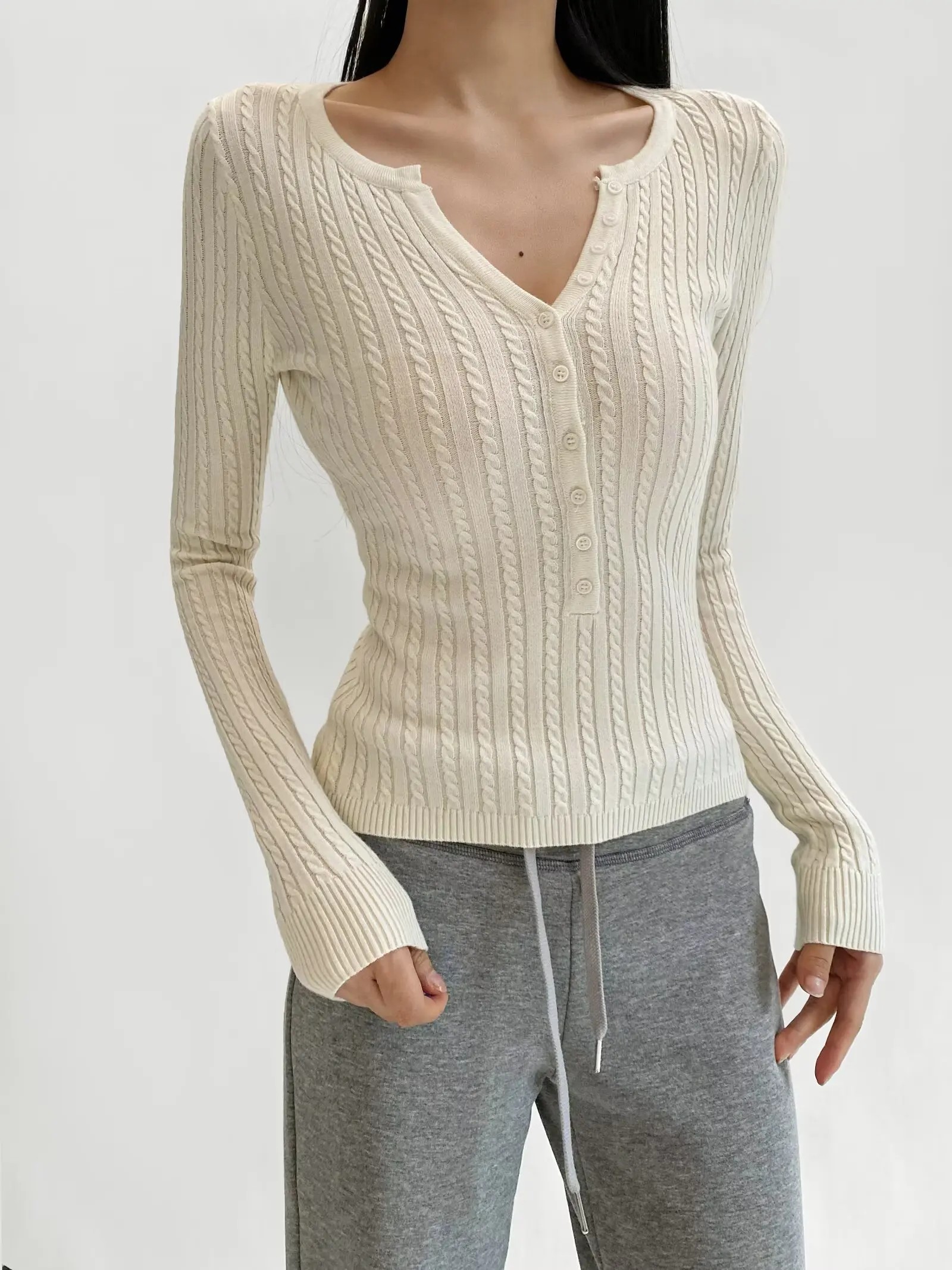 سترات نسائية محبوكة متقاطعة وأكمام طويلة ورقبة على شكل حرف V وبلوفرات نحيفة قابلة للتمدد