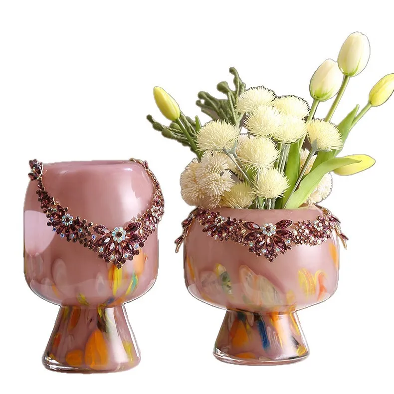 

&c Light Luxury High-end Glass Vase Geometry Shape Inlay Hydroponic Design Medieval Ornaments Living Room Flower Arrangement