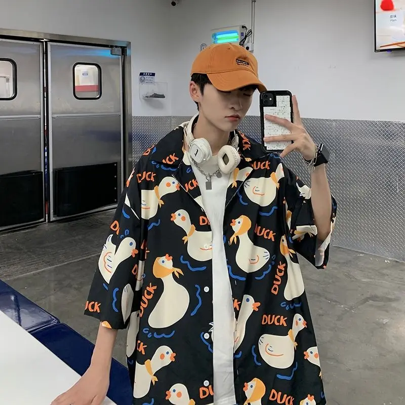 Fairy Tale Cute Duck Anime Button Up Shirt Kawaii Teenage Cool Beach Tops Oversized Loose Casual Men Women Streetwear Summer Tee