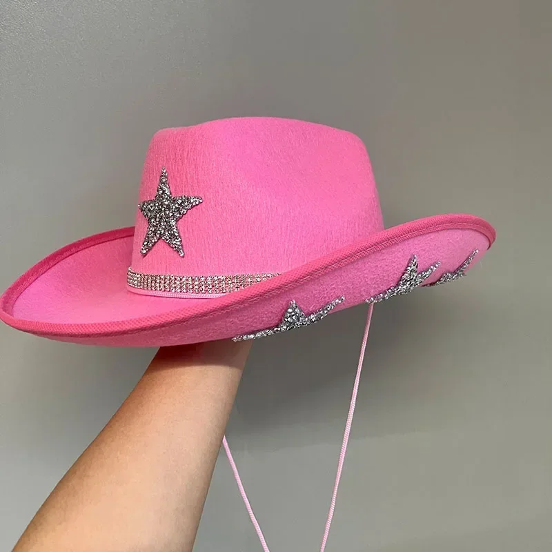 Women Diamond Star Cowboy Hat Pentagram Rhinestone Tassel White Bridal Party Wifey Wedding Hats Fashion Hat Cosplay Dress Up