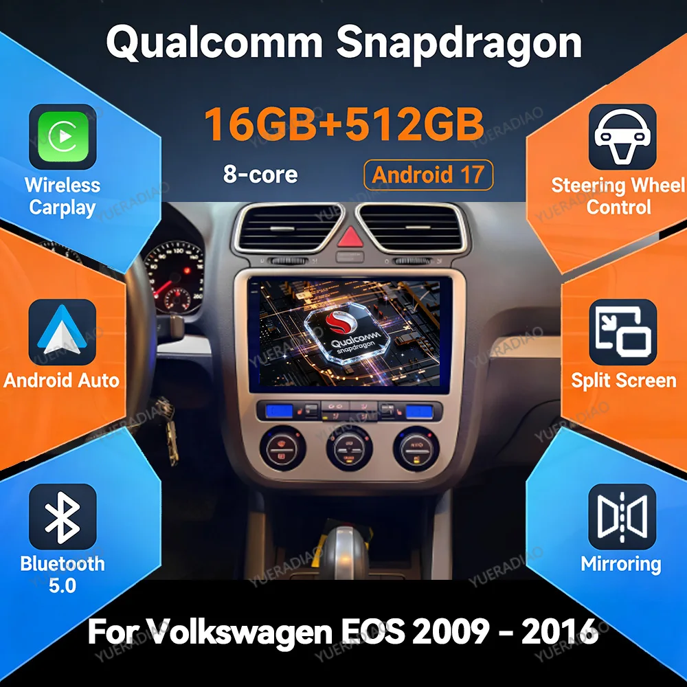 Radio para Auto Android 17 para Volkswagen VW Scirocco EOS 2009-2016, Unidad Principal Multimedia, Reproductor de Video 2DIN, 4G WIFI, QLED, GPS, Navegación, Bluetooth