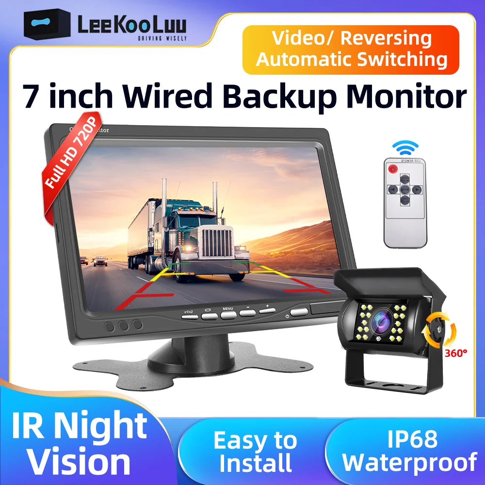 LeeKooLuu 7 Inch Car Monitor LCD Display Rearview Waterproof 4pin IR Night Rear View Camera for Bus Truck RV Caravan Trailers