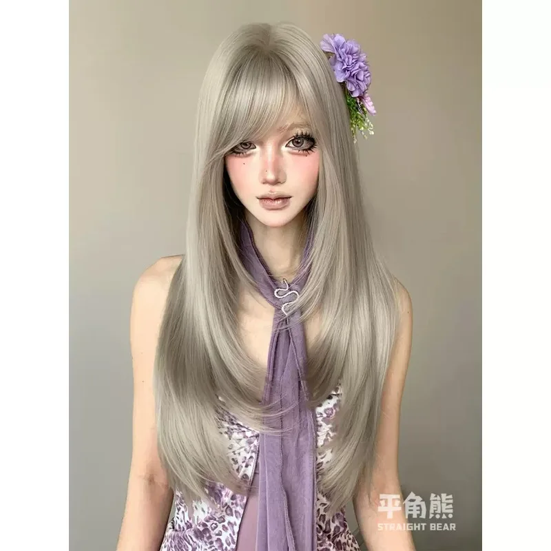 Silver Grey Long Layered Straight Full‑Head Wig for Women,Synthetic Wig with Fringe,Trendy Y2K Look for Club Party Daily Outfits