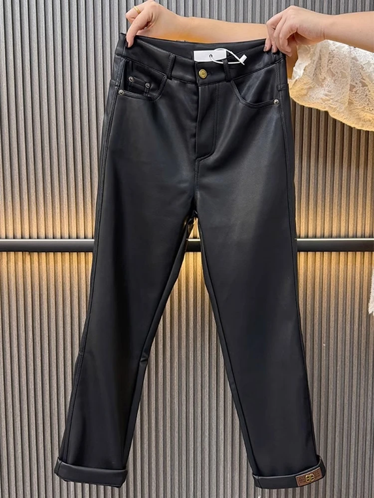 Winter Velvet Leather Pants Women Fashion Y2k Black Straight Pencil Trousers 2025 New Slim Thickened Plus Size High Waist Slacks