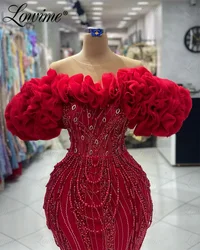 Haute Couture Red Mermaid Party Dress Beads Crystal Arabic Ruffles Saudi Arabia Women Evening Gown Customized Long Prom Dresses