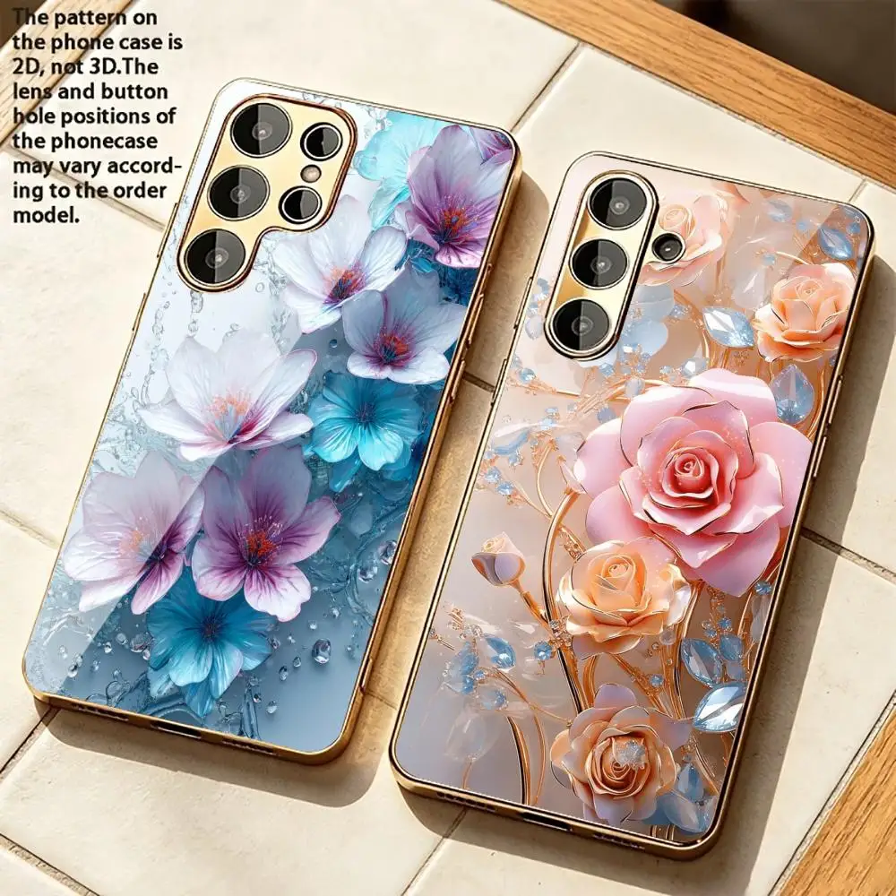 Gradient Flow Golden Flower Glass Case Electroplated Frame For Samsung Galaxy S26/S25/S24/S23/S22 FE