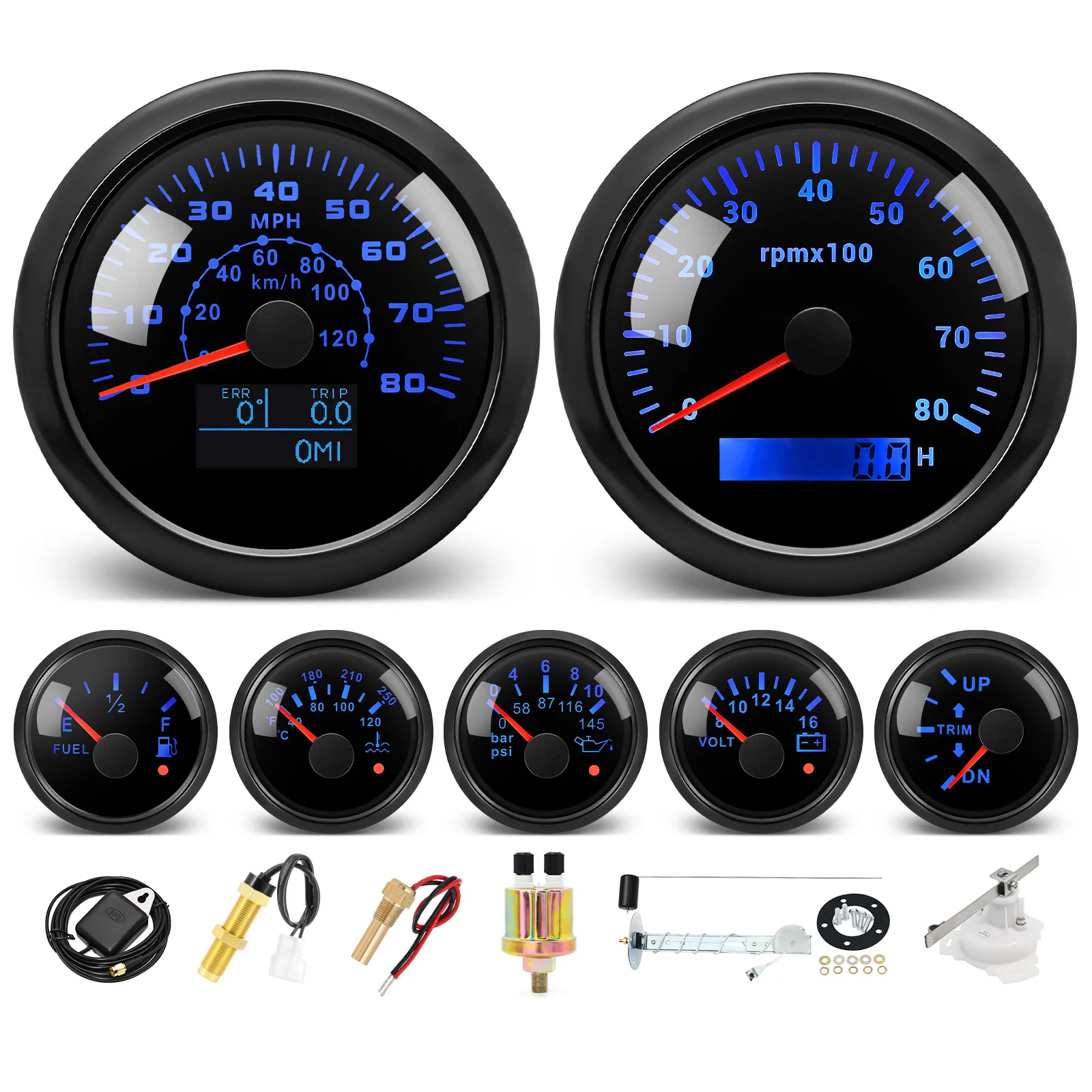 

7 Gauge Set 85MM GPS Speedometer Tachometer 52MM Fuel Level Water Temp Oil Press Voltmeter Trim Gauge 7 colors customized