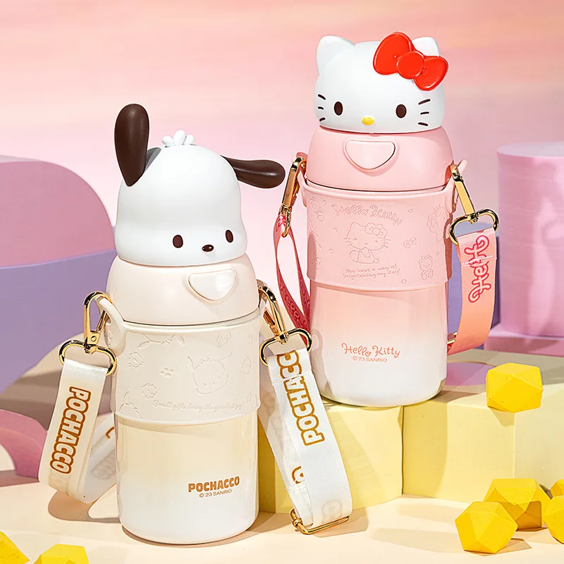 560Ml Kawaii Sanrio Insulation Cup Kitty Cinnamoroll Mymelody Pochacco Cartoon Straw Cup Stainless Steel High Capacity Water Cup