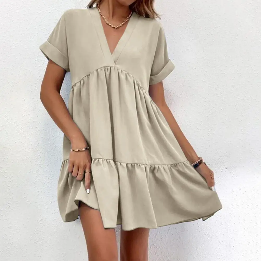 

Beach Mini Dress Stylish V Neck Summer Dress with Short Sleeves A-line Silhouette for Women Loose Fit Big Swing for Dating