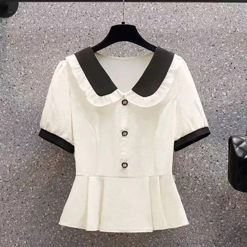 

Short Sleeve Contrast Patchwork Button Elegant Shirt Tops Summer All-match Pleated Casual Blouse Fashion Vintage Women Clothing