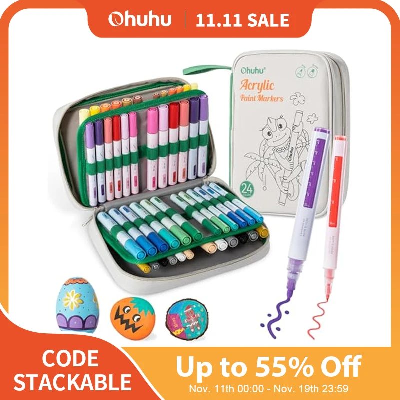 Ohuhu Acrylic Paint Markers 48 Paint Pens Reversible Tip Acrylic Markers Waterproof for Rock Painting Easter Egg Wood Plastic