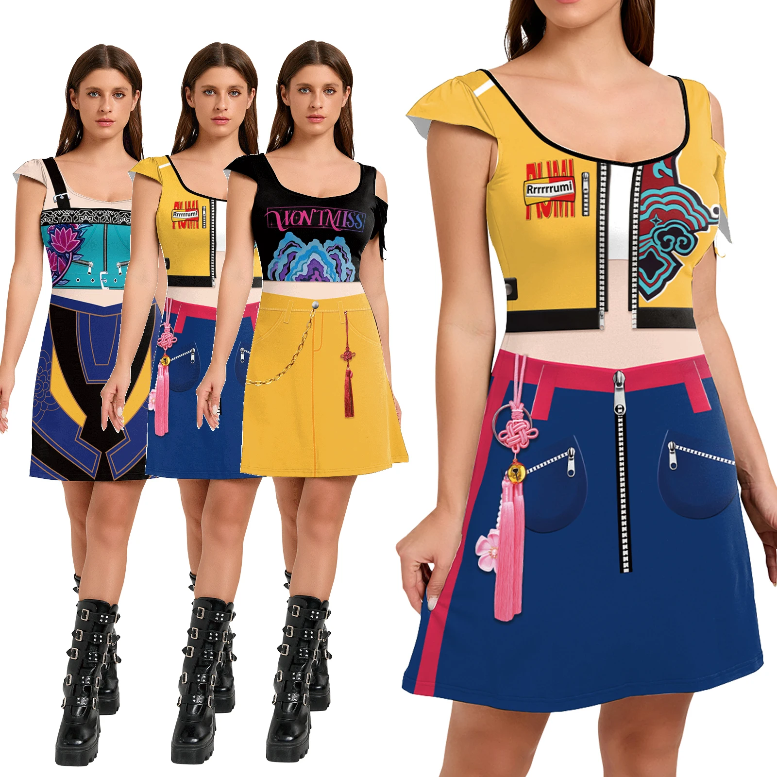 

Women Halloween Costume Anime K-Pop Knee skirt Rumi Zoey Cosplay Costumes DRESSES Stage 3D Printed Pattern Miniskirt Clothes