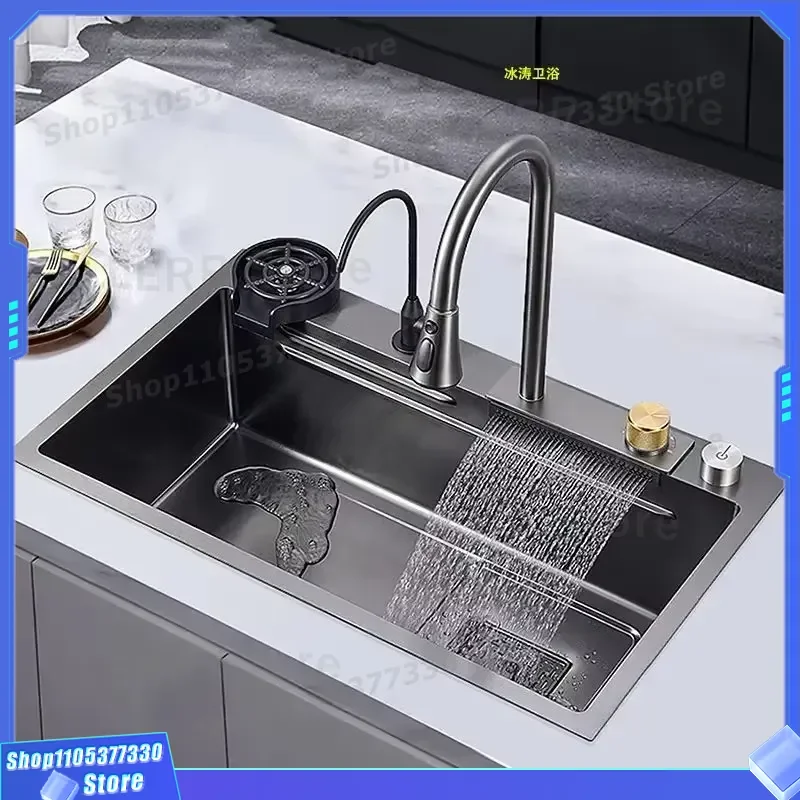Modern Black 304 Stainless Steel Kitchen Sink Single Bowl Undermount Handmade Waterfall Faucet Hole Pull Out Sprayer