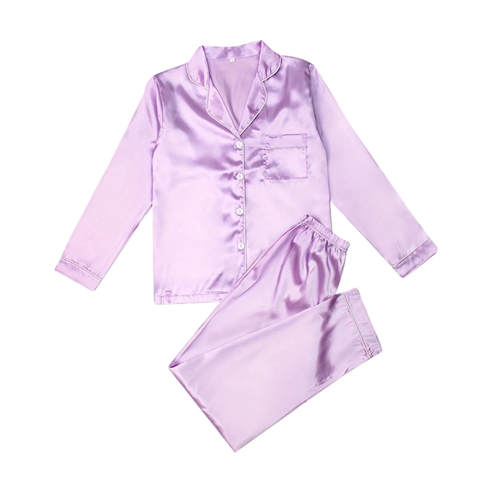 Pyjama en Satin à Manches sulfpour Femme, Ensemble Deux Pièces, Cardigan à Revers, Couleur Unie, Vêtements de Nuit Décontractés