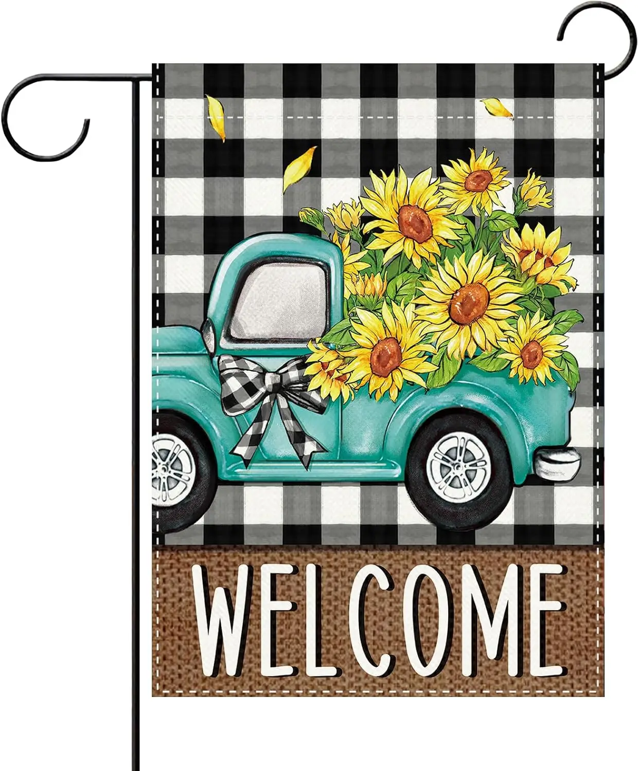 Welcome Spring Summer Blue Truck Sunflower Decorative Garden Flag, Fall Flower Buffalo Plaid Small Yard Outside Decorations, jjp