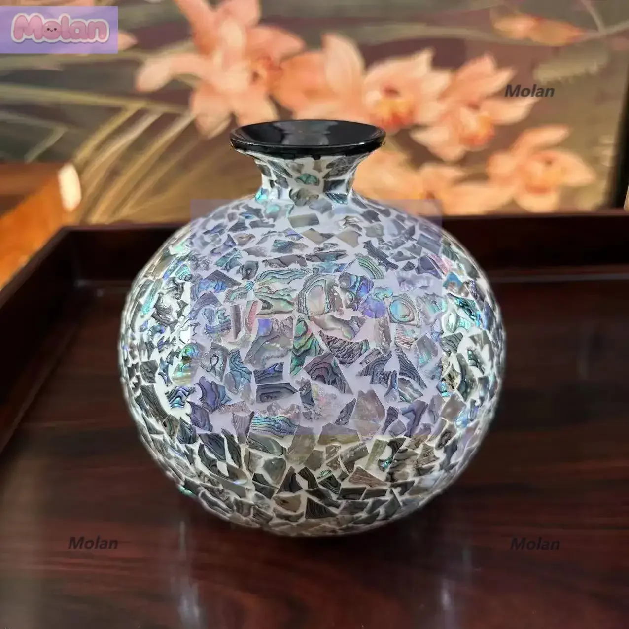 

Creative shell inlaid flower arrangement tea room entrance vase ornament living room decoration width 17 height 17 diameter abou