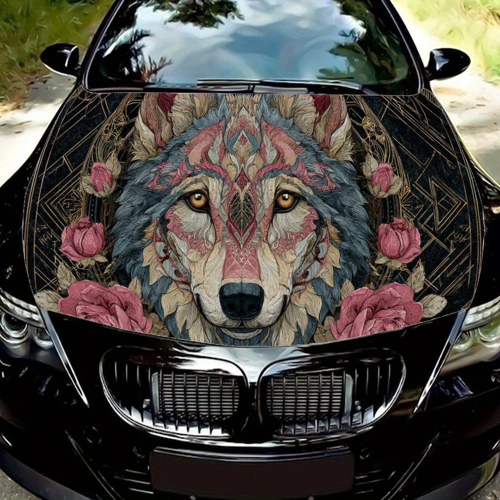 

Wolf Face & Pink Flowers Car Engine Hood Sticker, Auto Art Decal, Car Exterior Personalized Decoration, Gift for Car Lovers, Uni