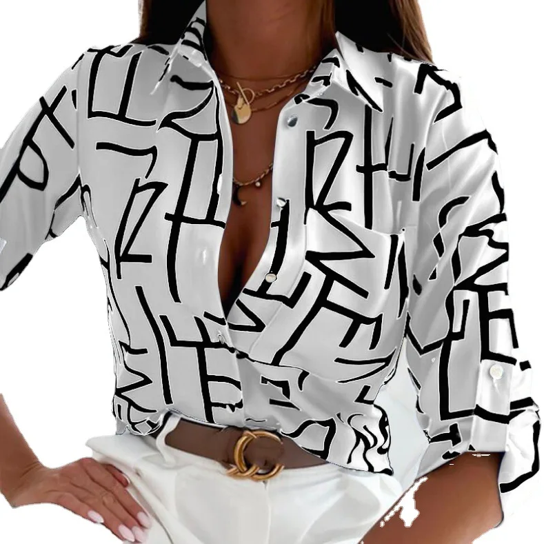 Women Elegant Button Blouse Shirt Office Ladies O Neck Print Blusa Tops Female Spring Long Sleeve Blouse Streetwear