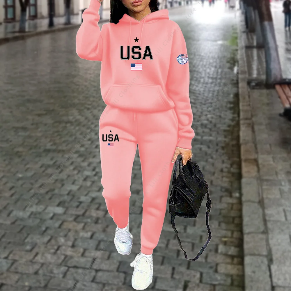 Women's sets hoodies pants 2pcs Autumn Winter Sports Outfits U.S.A  Letter graphic print Jogging Suit Clothes Female Tracksuit